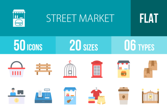 Download 50 Street Market Flat Multicolor Icons - Premium Bundle